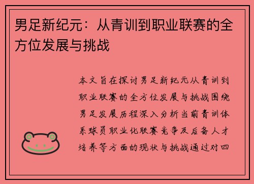 男足新纪元：从青训到职业联赛的全方位发展与挑战